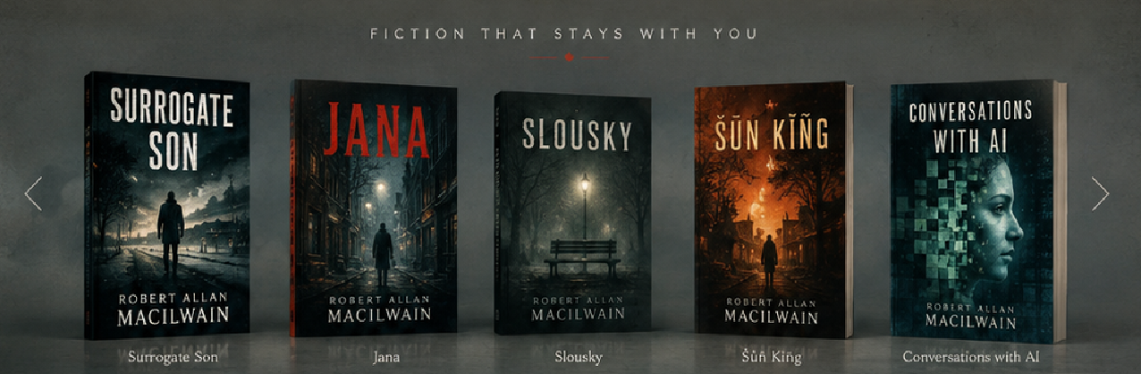 Five novels by Robert Allan MacIlwain displayed as three-dimensional books on a softly lit shelf